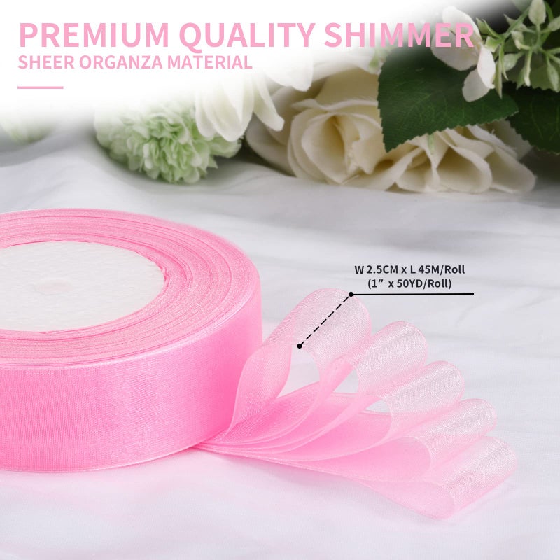 Molshine 50yd 1-inch Premium Quality Shimmer Sheer Organza Ribbon-Pure Color (Pink) - Image 2